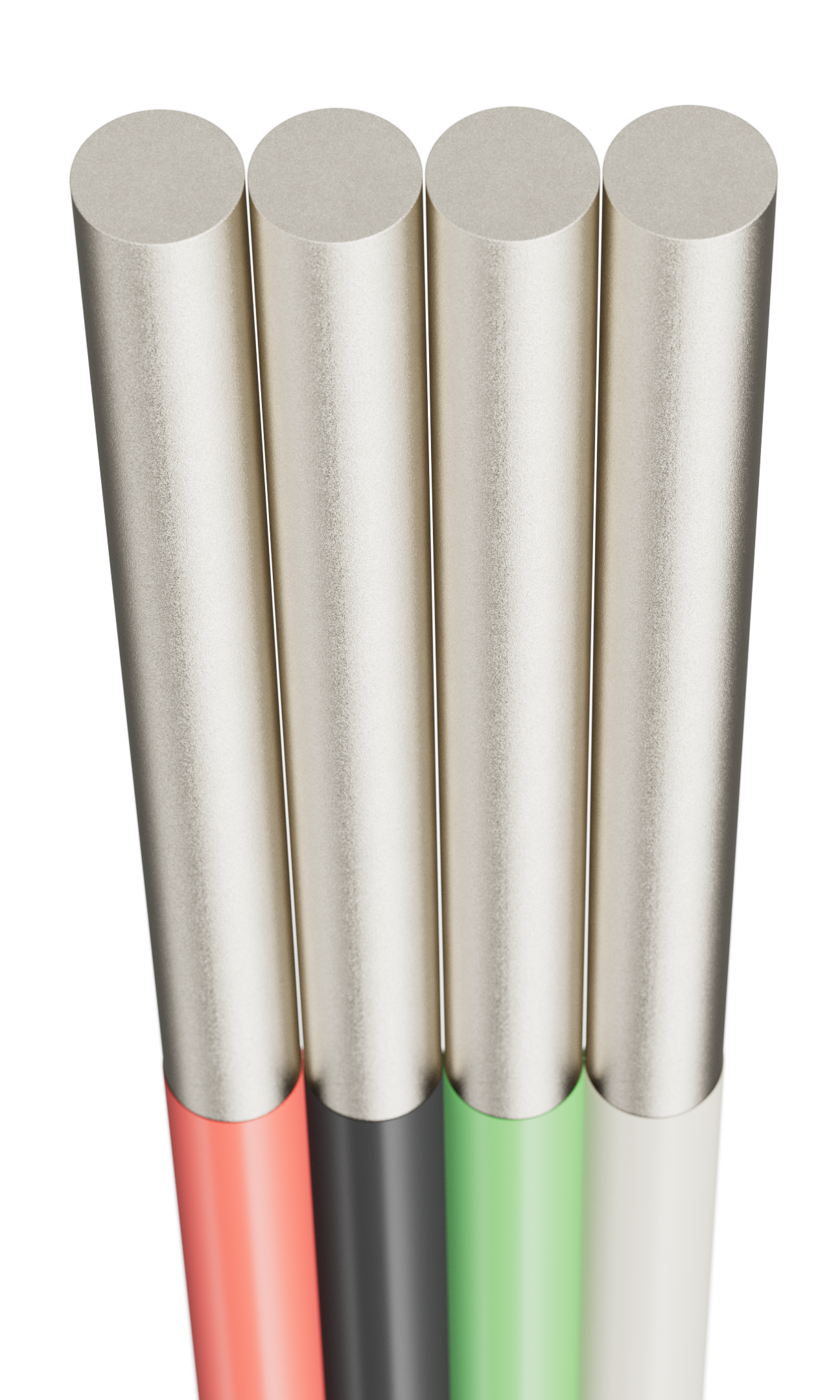 a group of silver colored pens