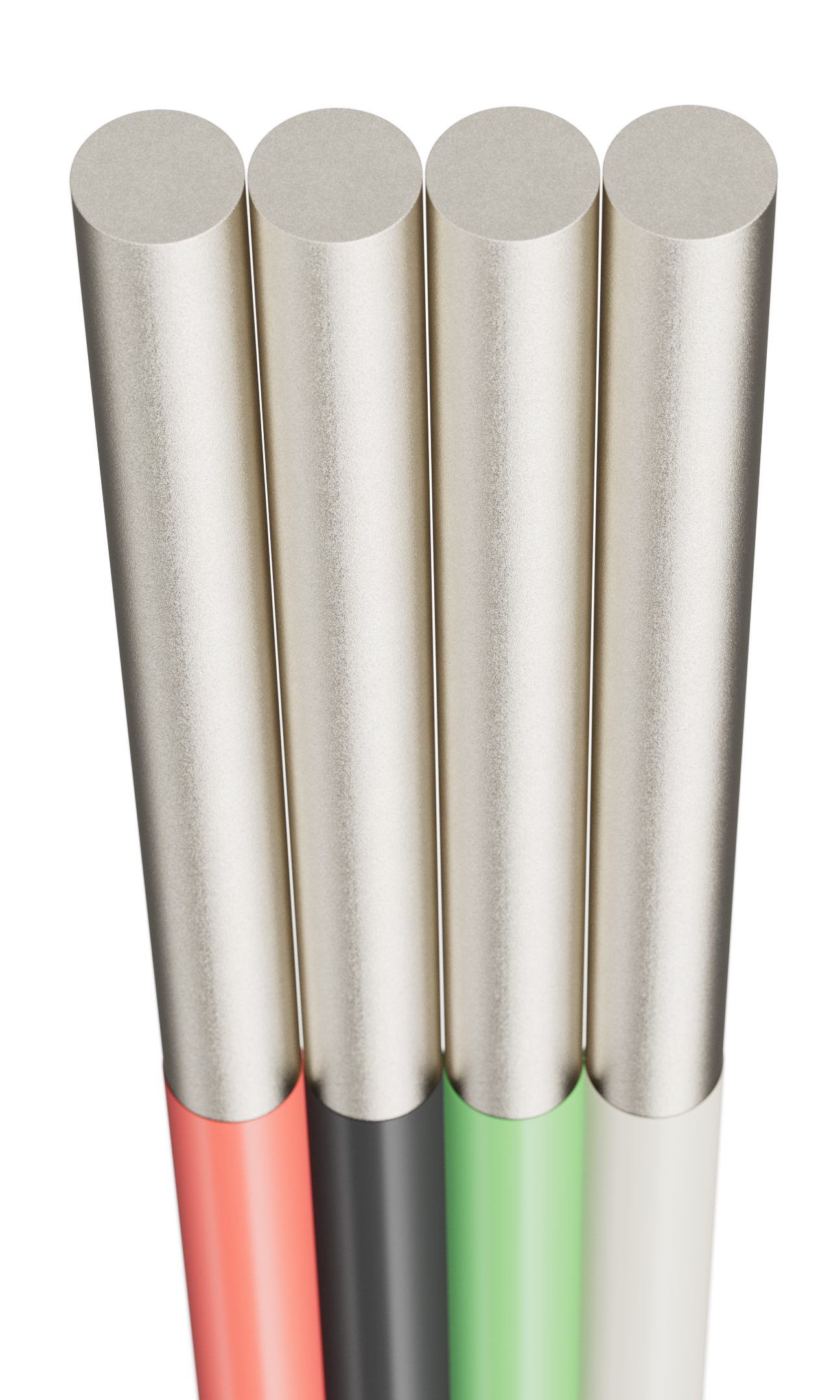 a group of silver colored pens