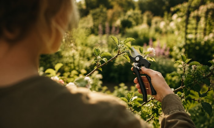 a person cutting a tree with a pruning shears